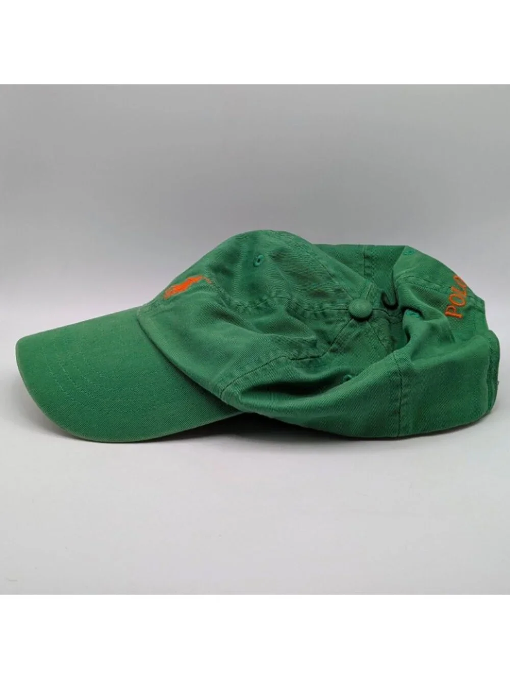 Vintage Polo Ralph Lauren Green Orange Pony Logo Leather Strap Back Hat Cap Y2K